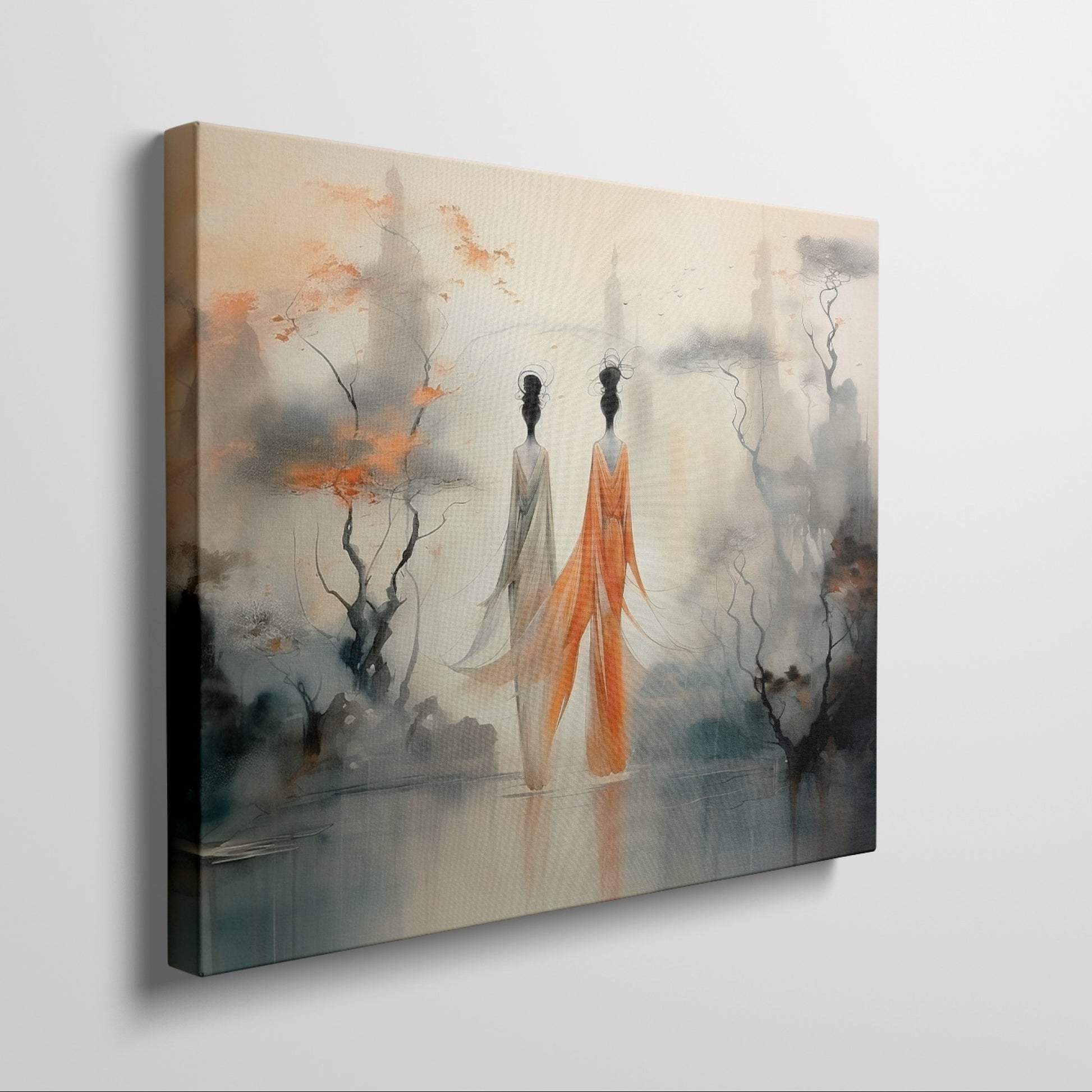 Framed canvas print of ethereal stylised women in a mystical, abstract landscape with orange and ivory tones