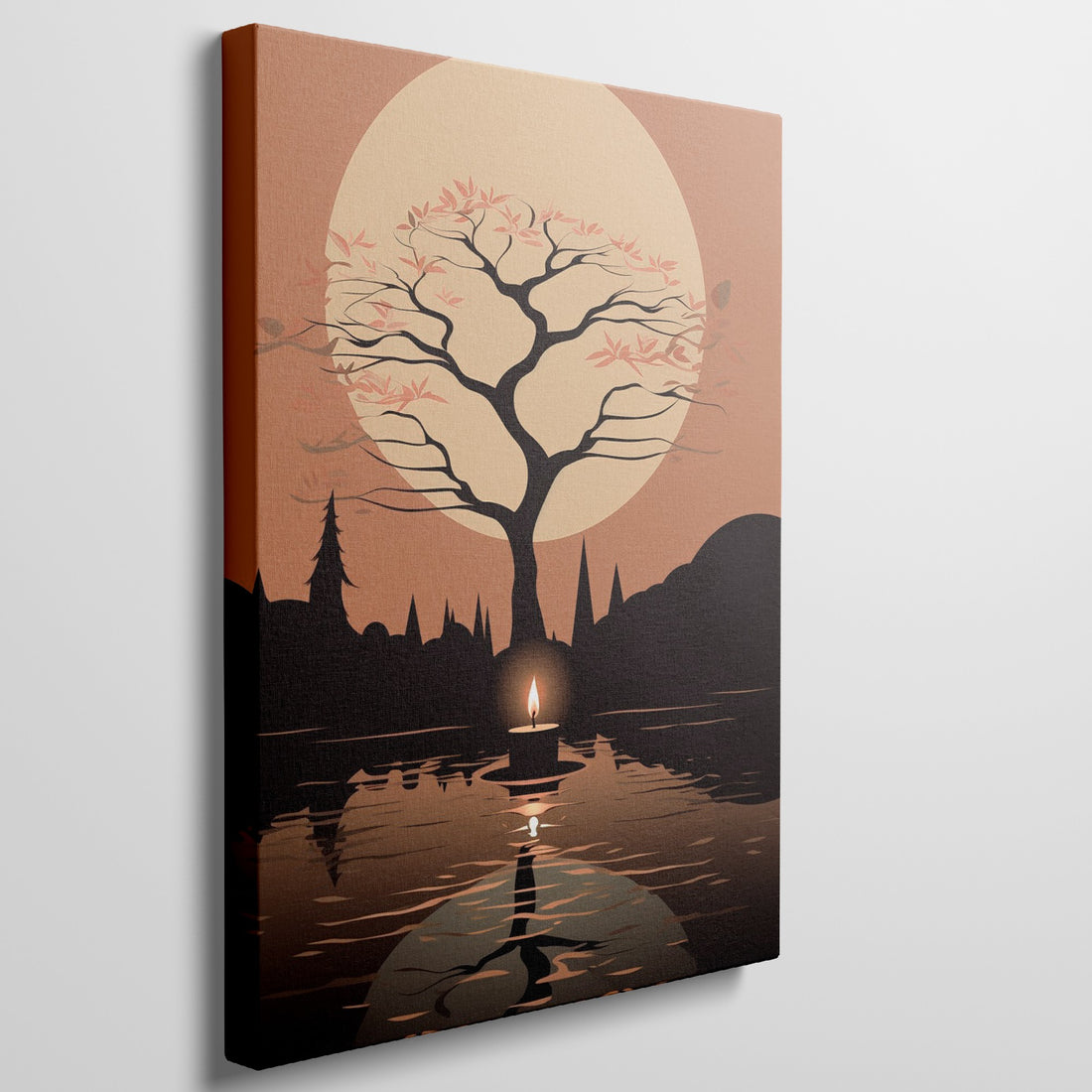 Framed canvas print of a silhouetted tree and candle with golden autumnal hues