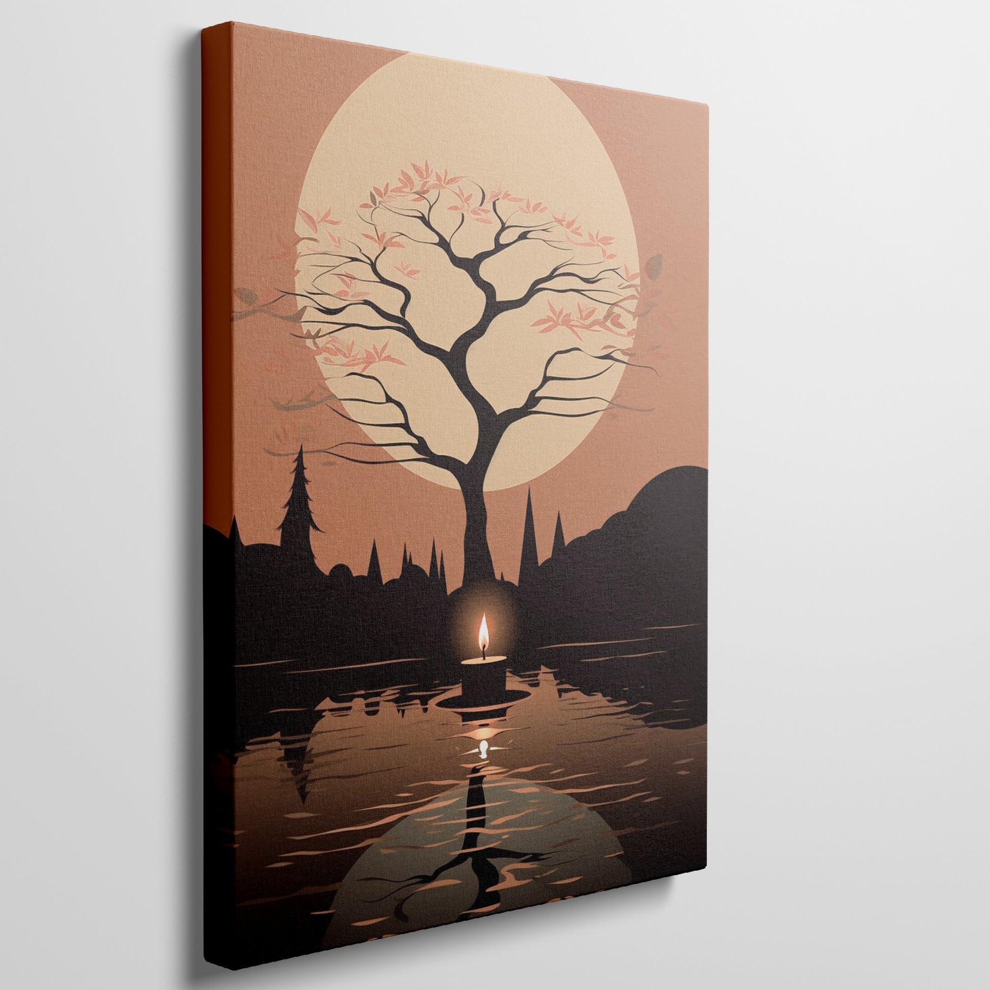 Framed canvas print of a silhouetted tree and candle with golden autumnal hues