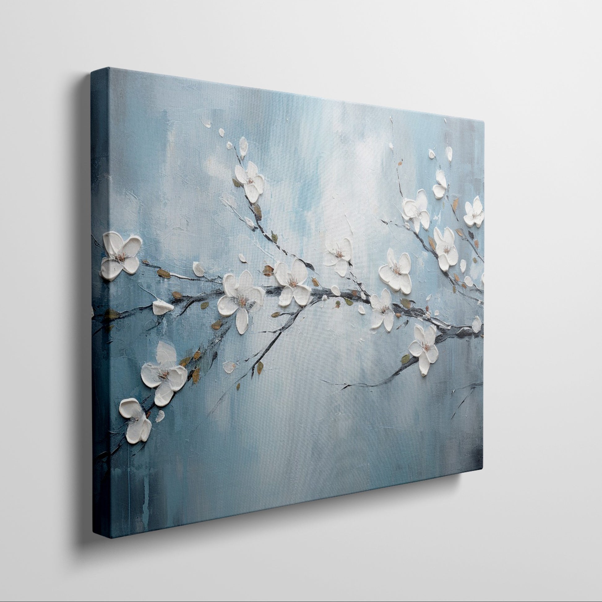 Framed canvas print of serene cherry blossoms with impasto texture on blue background