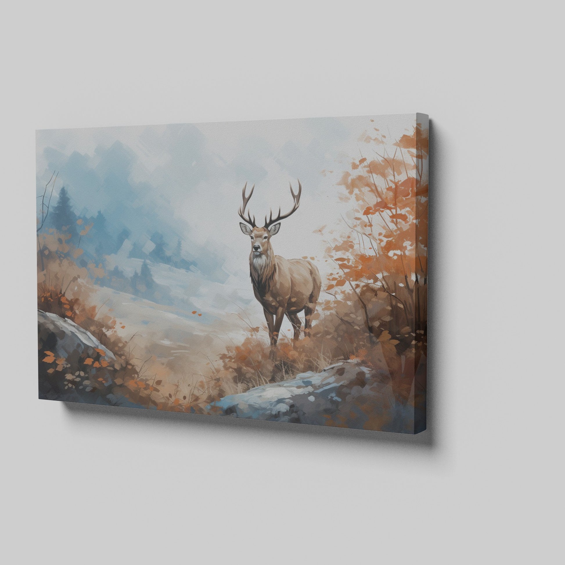 Framed canvas print of a majestic stag in a stylised autumn forest scene