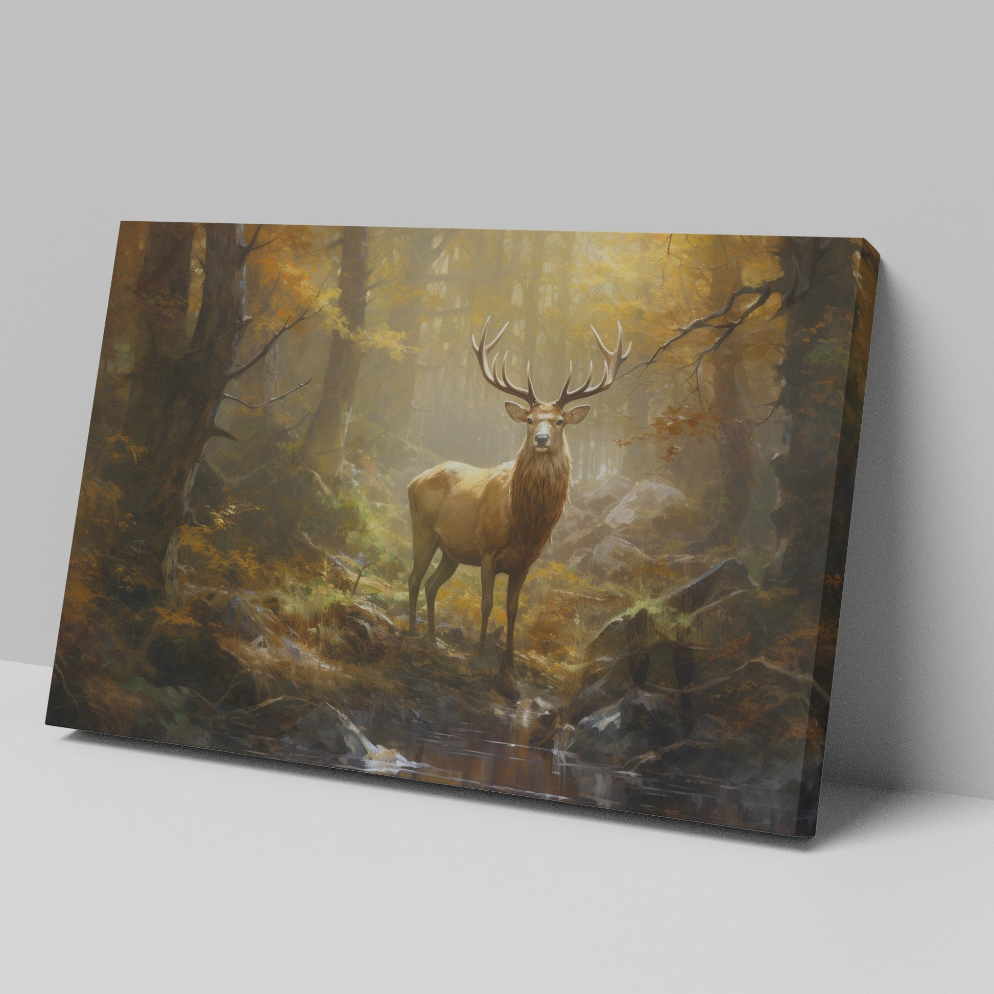 Framed canvas print of a majestic stag in a sunlit autumn forest with golden foliage