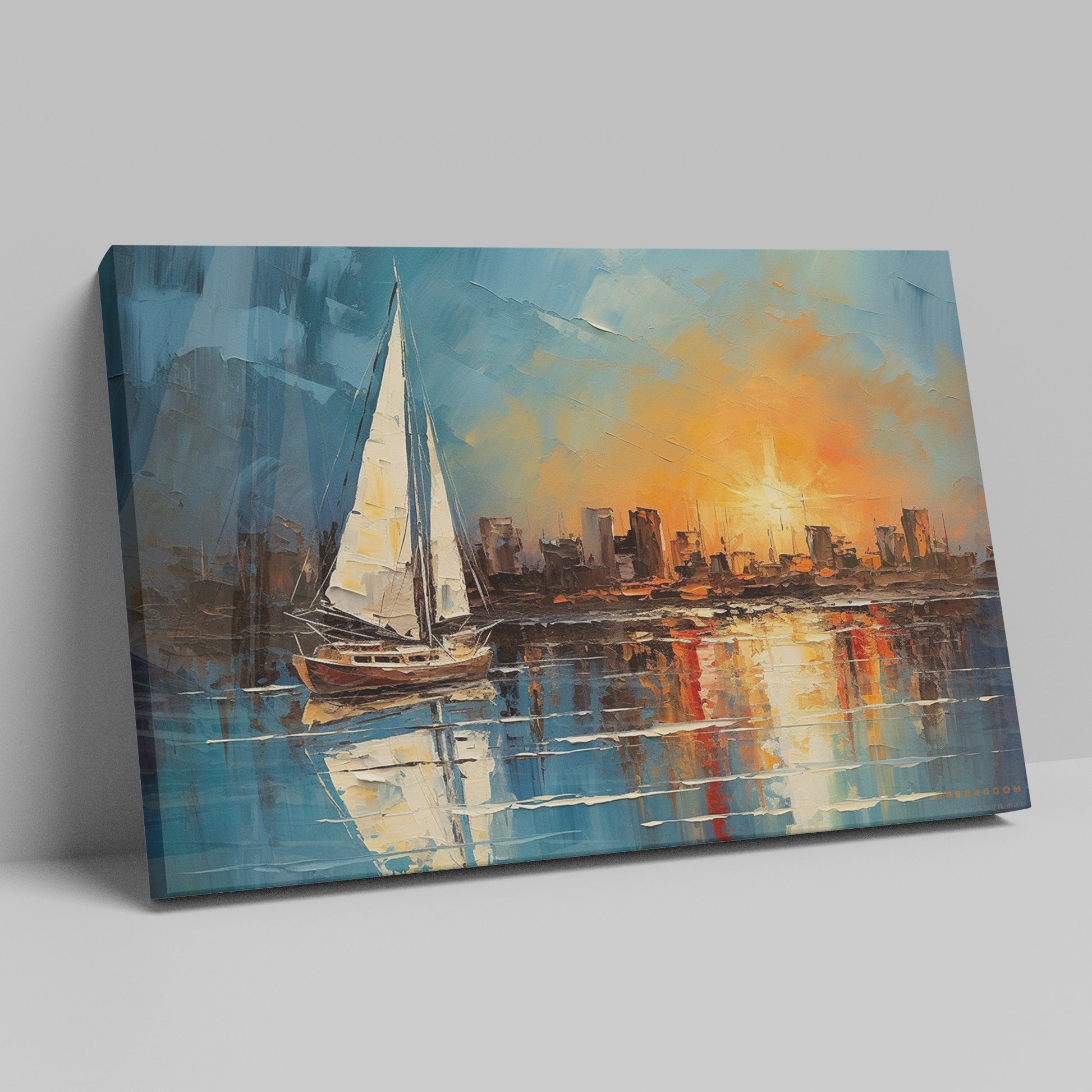 Framed canvas print of an impressionist painting with a sailboat against a sunset cityscape reflecting on the water