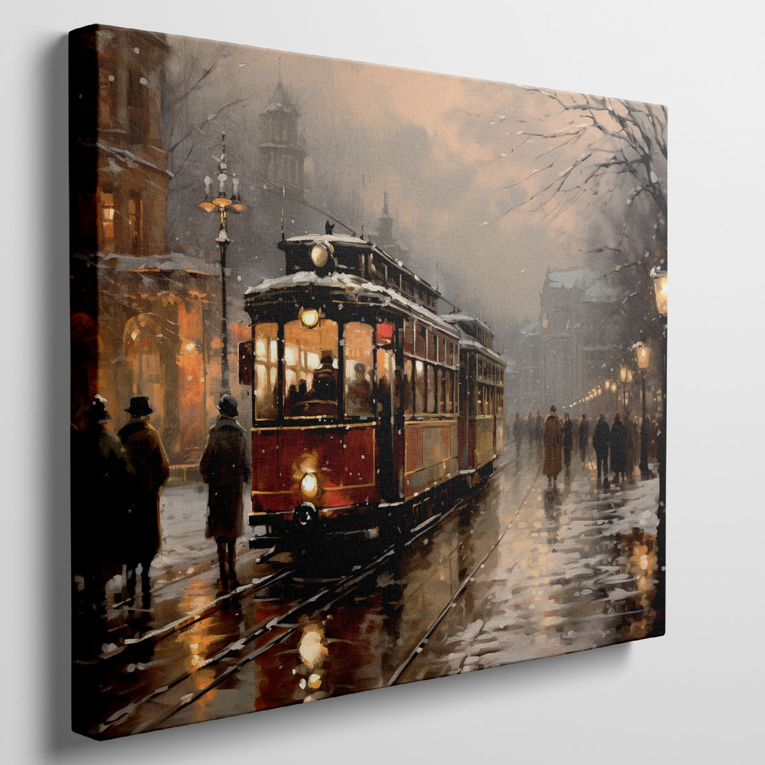 Framed canvas print of a vintage tram on snowy city street at twilight with glowing lamps