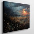 Framed canvas print of a dramatic sunset over a rustic meadow with vivid warm tones