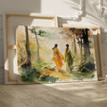 Framed canvas print of two women in traditional Chinese attire walking through an autumnal watercolor forest