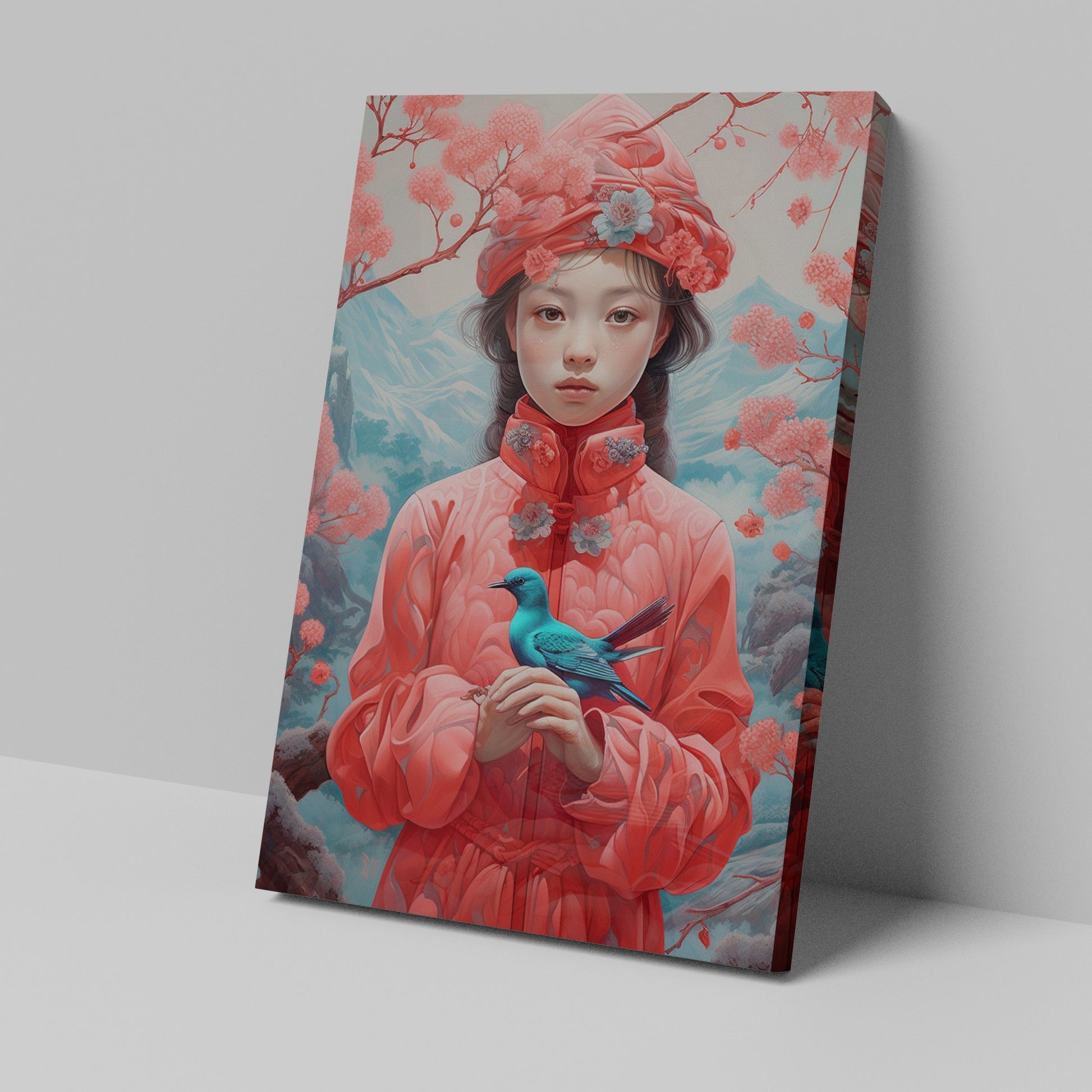 Framed canvas print of an Oriental girl in traditional pink attire with a blue bird and cherry blossoms