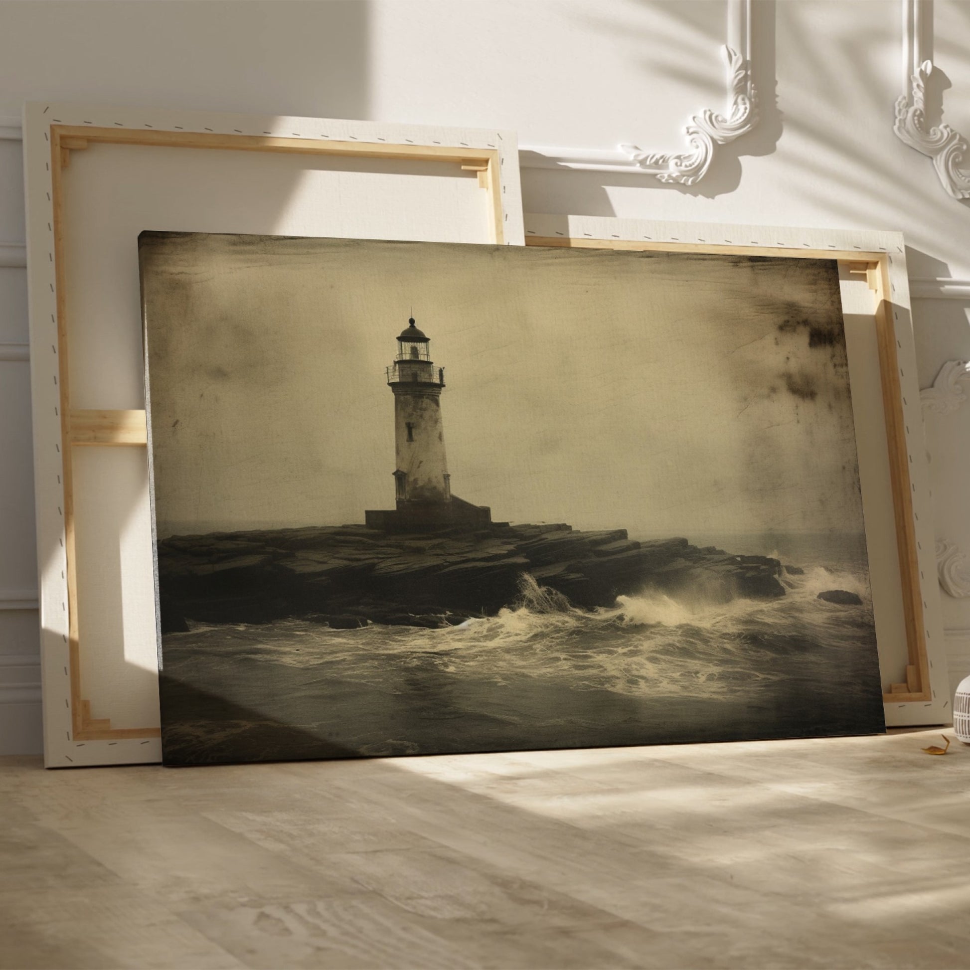 Framed canvas print of a vintage-style lighthouse on a stormy shore in sepia tones