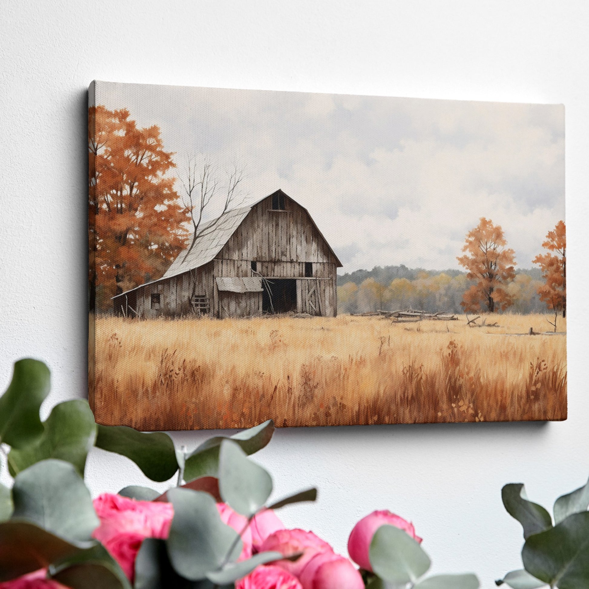 Framed canvas print of an autumnal rustic barn and golden fields