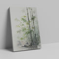 Framed canvas print of tranquil bamboo watercolour painting with soft green leaves and grey tones