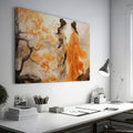 Framed canvas print of two elegant figures in traditional Chinese attire amidst vibrant orange autumn leaves.