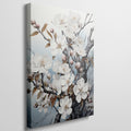 Framed canvas print of a meticulously illustrated cherry blossom branch with white flowers on a pale blue background.