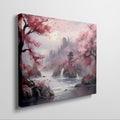 Framed canvas print of a serene oriental landscape with cherry blossoms and a pagoda