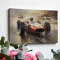 Framed canvas print of a classic Formula One race with vibrant orange racecar in dynamic motion