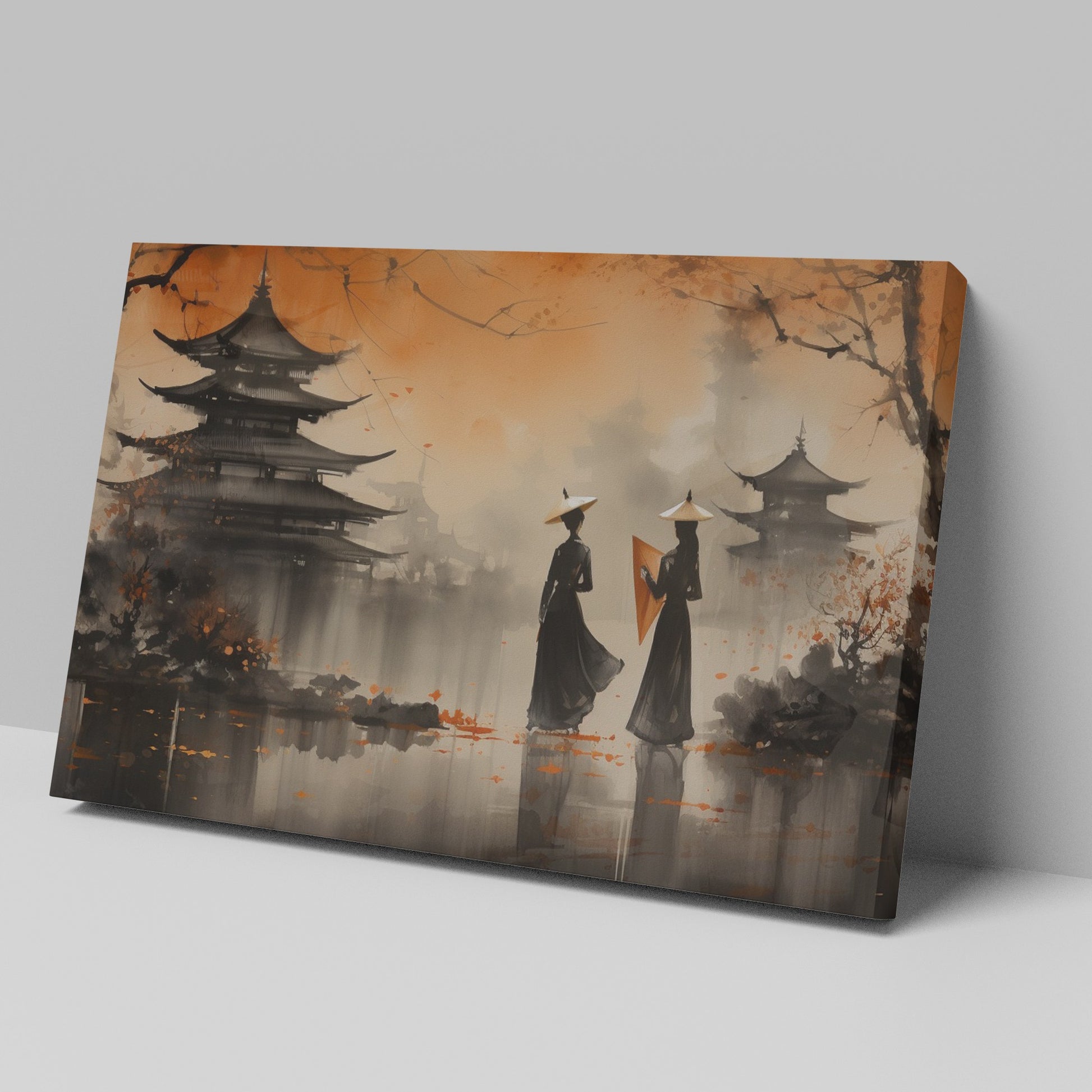 Framed canvas print of Oriental landscape with autumn pagodas and figures in traditional attire