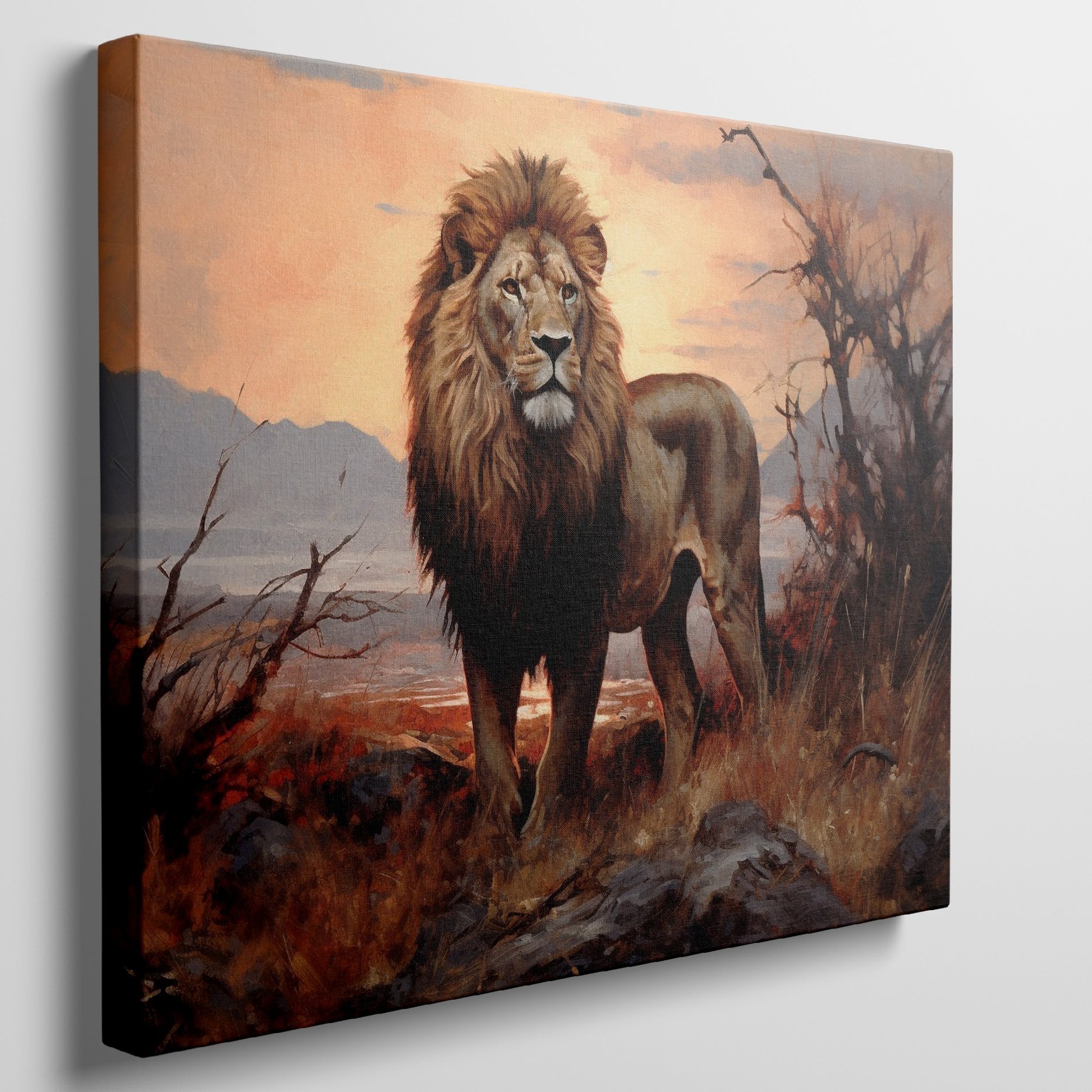 Framed canvas print of a majestic lion in an African savannah sunset