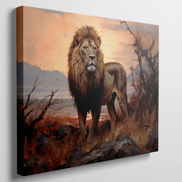 Framed canvas print of a majestic lion in an African savannah sunset