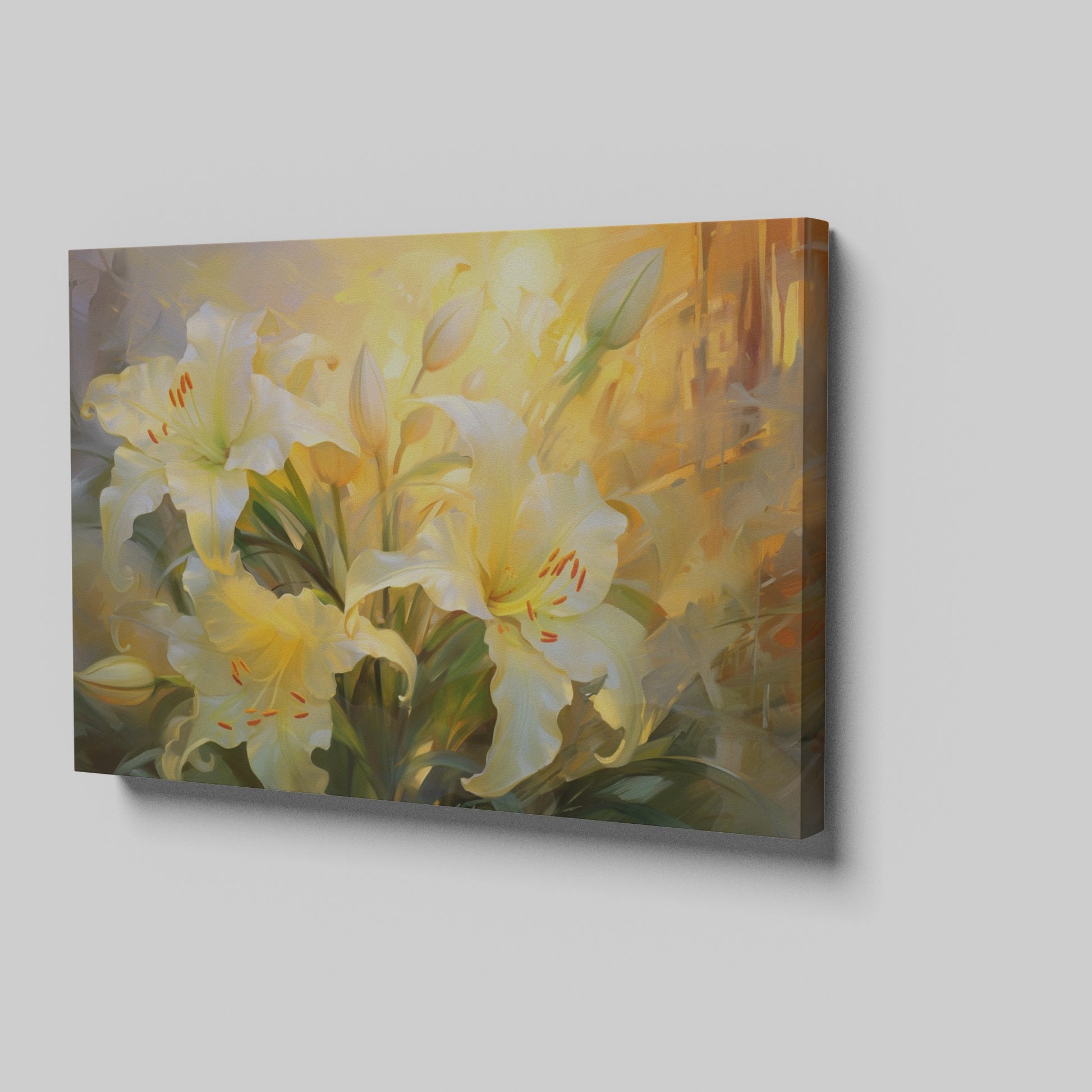 Framed canvas print of impressionist lilies in warm shades of yellow and cream