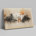 Framed canvas print of Oriental landscape with autumn colors and pagoda silhouettes