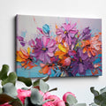 Framed canvas print of vibrant botanical impasto, with textured flowers in bright colours