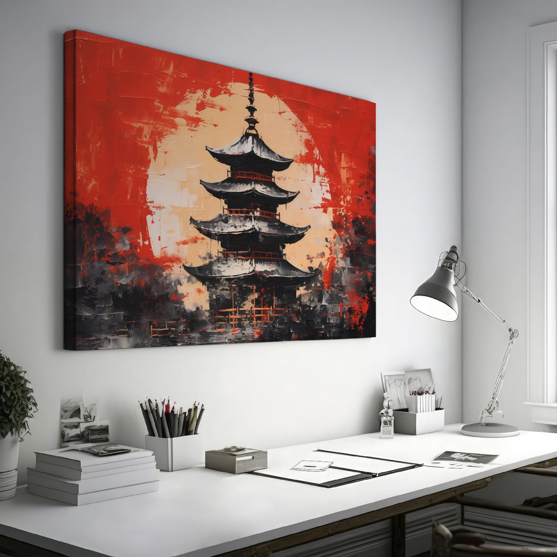 Framed canvas print of abstract Japanese pagoda in bold red and black colours