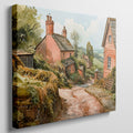 Framed canvas print of a charming English village scene with watercolour cottages in a rustic countryside setting