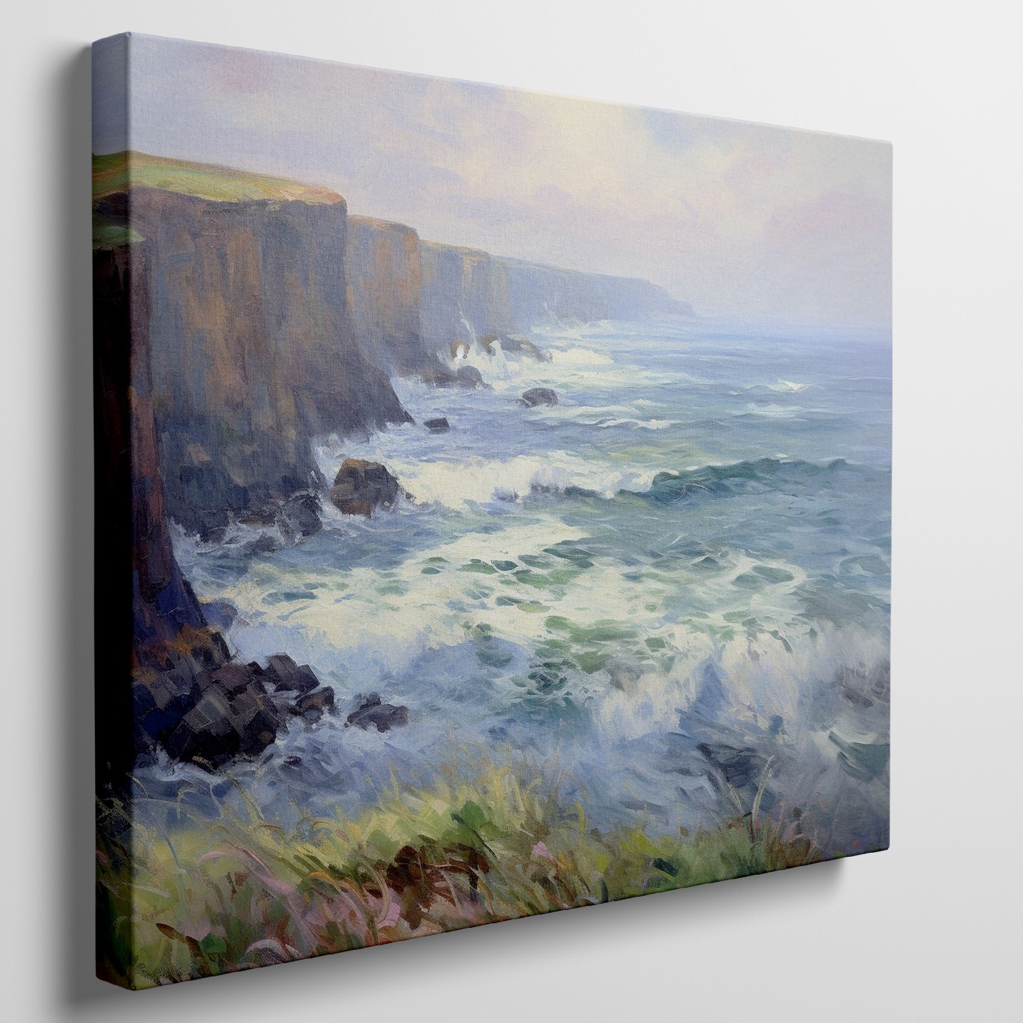 Framed canvas print of a vibrant impressionist seascape with cliffs and ocean waves