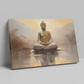 Framed canvas print of a meditative Buddha against a calming sunset and reflective water