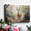 Framed canvas print of a realistic antelope in a misty forest setting with warm, earthy tones