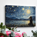 Framed canvas print of a Van Gogh-inspired starry night with a city silhouette and contemplative figure