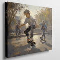 Framed canvas print capturing the movement and energy of young skateboarders at a sunlit urban skatepark