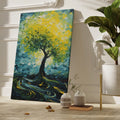 Framed canvas print of an impressionist tree with vibrant yellow and green colours