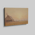 Framed canvas print of golden sunrise with a thatched cottage in a tranquil countryside scene