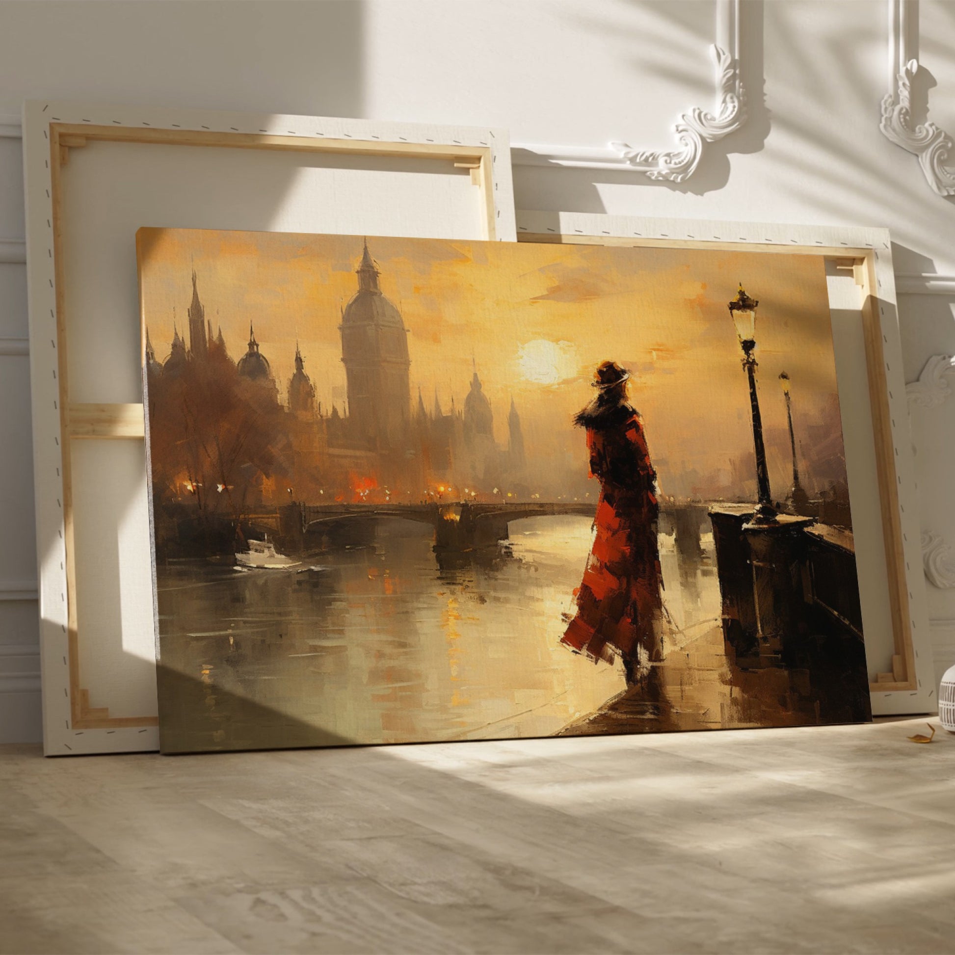 Framed canvas print of a vintage-style sunset over London's Thames, with elegant silhouette and warm colour palette