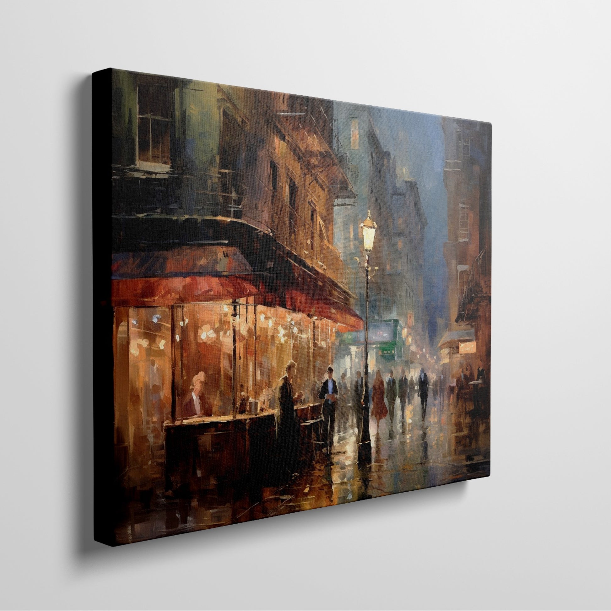 Framed canvas print of an impressionistic cityscape at twilight with a café terrace and bustling streets