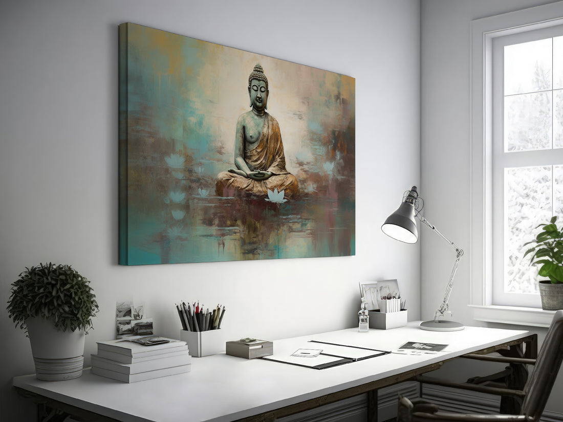 Framed canvas print of a serene Buddha sitting in meditation with lotus flowers reflected in water