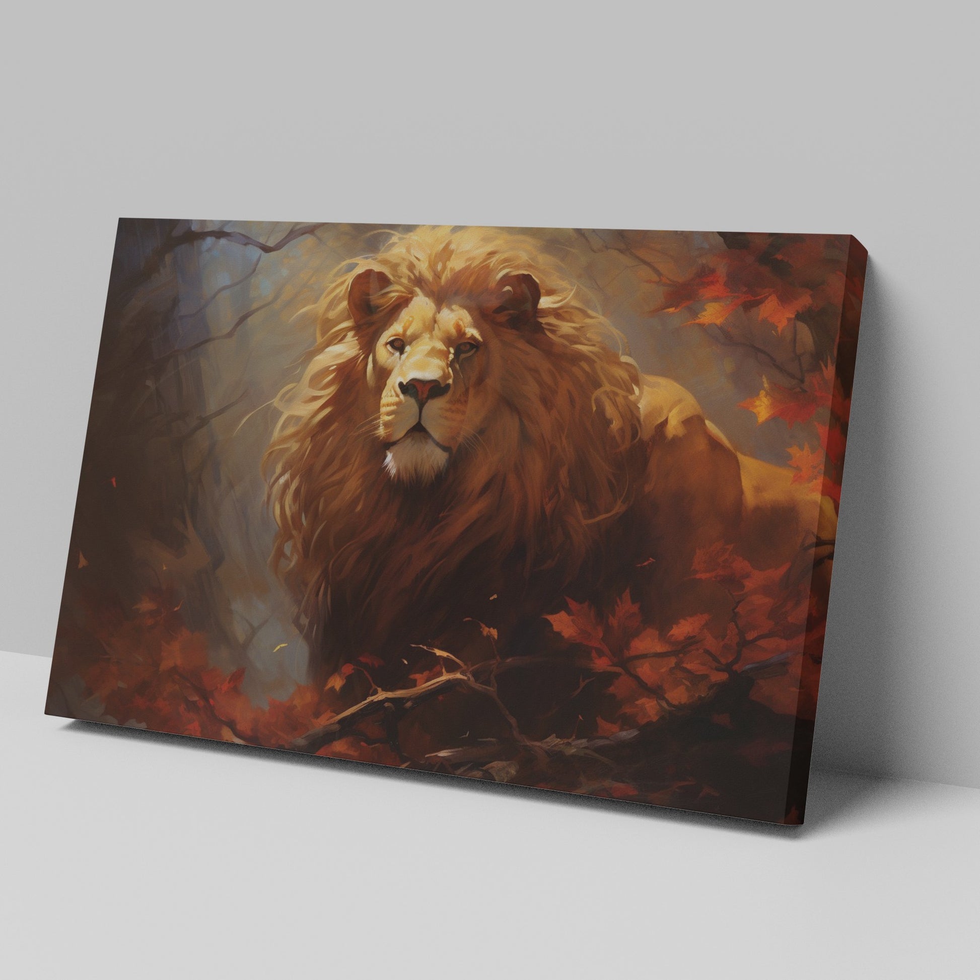 Framed canvas print of a majestic lion in an autumn forest with vibrant red and orange leaves