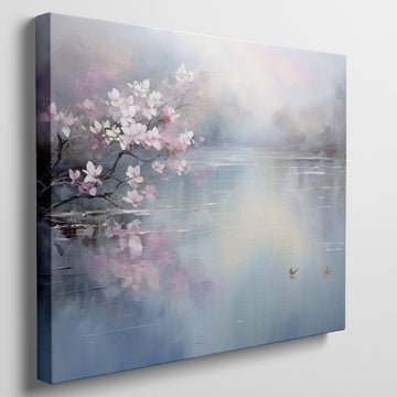 Framed canvas print of cherry blossoms over a tranquil lake with soft pastel colours and a pair of ducks