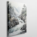 Framed canvas print of traditional Asian landscape with mountain stream and misty forest