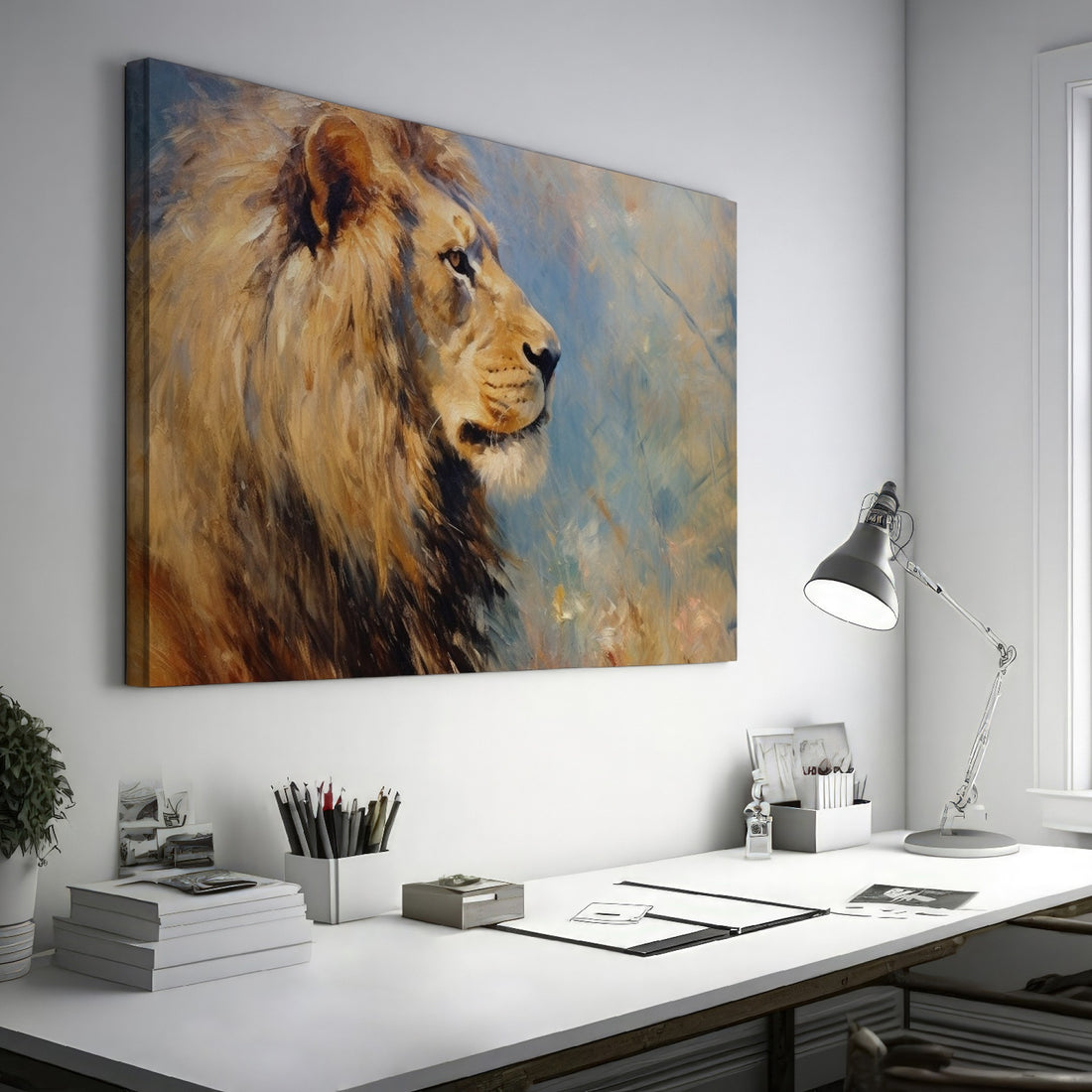 Impressionist painting of a lion's profile with a blend of warm brown and beige tones on a textured background