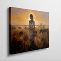 Framed canvas print of a figure in traditional attire at sunset with a savannah wildlife scene