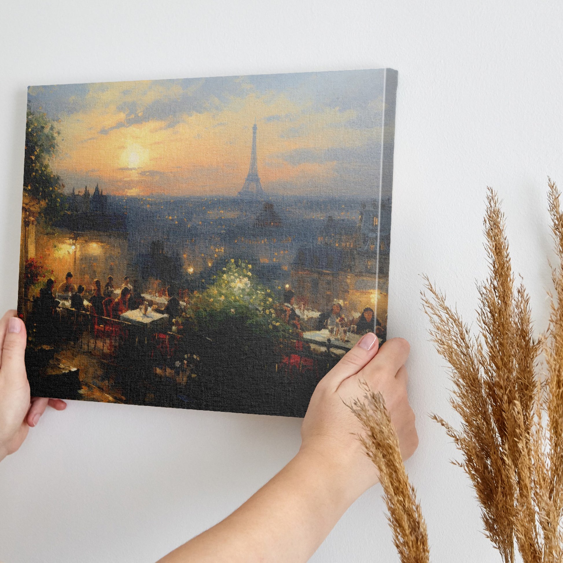 Framed canvas print of a Parisian sunset with diners on a balcony overlooking the Eiffel Tower