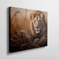 Framed canvas print of a realistic lion portrait in earthy tones