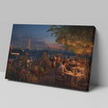 Framed canvas print of a romantic rooftop dining scene in Paris with Eiffel Tower in the background