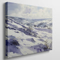 Framed canvas print of a serene winter landscape with snow-covered hills and valleys