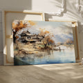 Canvas art of a tranquil oriental landscape with autumnal trees, traditional architecture, calm water, and mountains in the background.