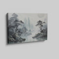 Framed canvas print of Oriental ink wash painting with misty mountains and pagoda