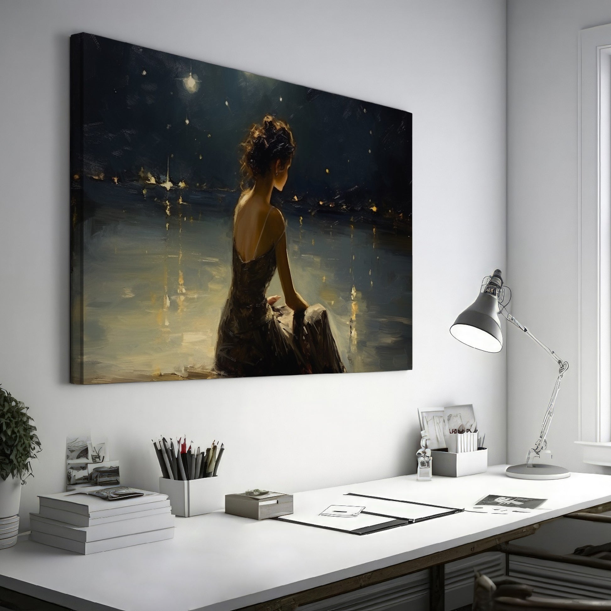 Framed canvas print of a woman in an evening dress admiring the reflective waters on a tranquil night