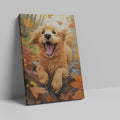 Framed canvas print of a joyful Golden Retriever surrounded by autumn leaves