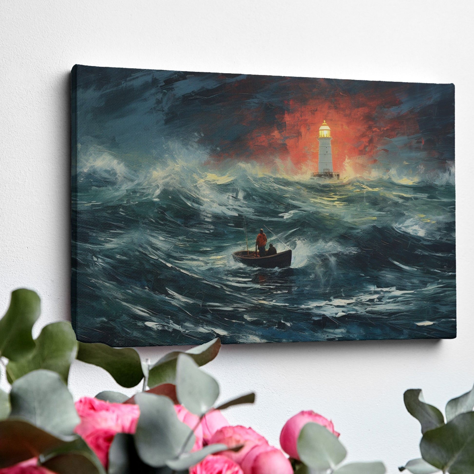 Framed canvas print of a stormy seascape with a lighthouse beacon and a boat at sea, featuring expressive brushstrokes and a dramatic red and blue colour scheme